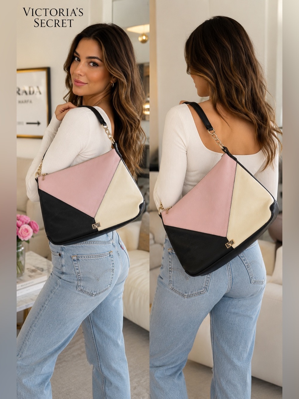Victoria’s Secret Colorblock Hobo Shoulder Bag Pink Black Cream y2k Flawed peel